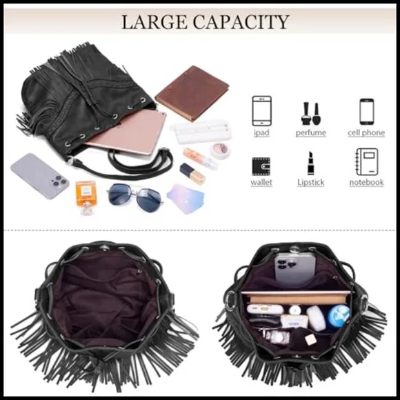 Vegan Leather Hobo Bag Fringe Tassel Western Boho Crossbody Shoulder Purse - Picture 4 of 7